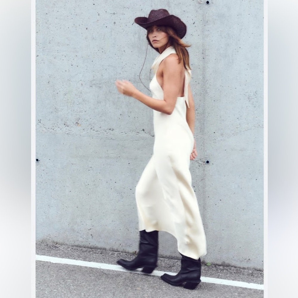 NWT Zara Satin Effect Scarf Halter-neck Long Dress in Cream Ivory Size S - Picture 3 of 14